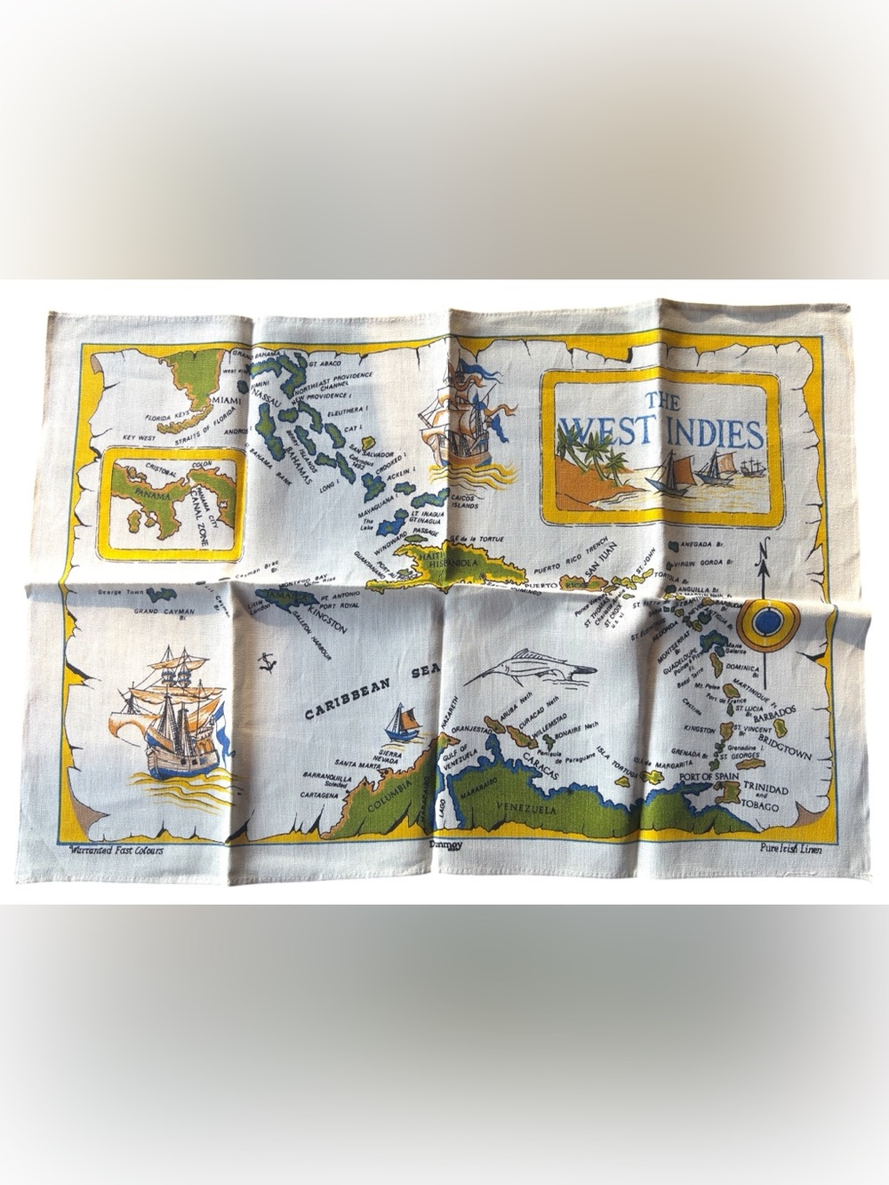 Vintage Dunmoy West Indies Caribbean Map Pure Irish Linen Tea Towel Nautical